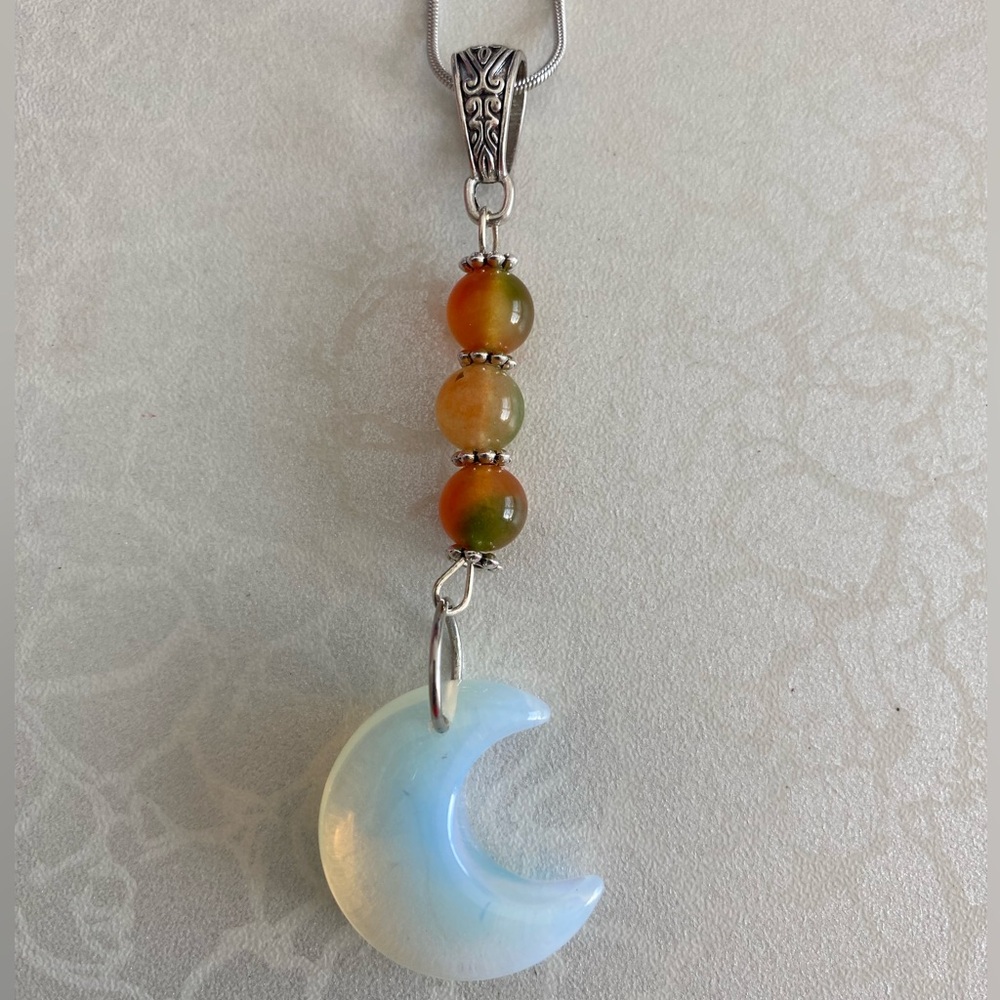 Clear Quartz Crescent Moon Pendant Necklace with Green-Orange Chalcedony Beads